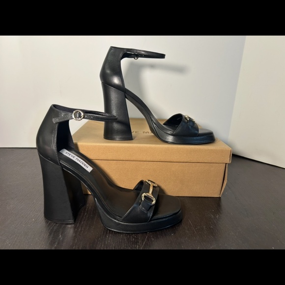 Steve Madden Cienna Heeled Sandals Shoes Black Leather Womans 10M - Picture 2 of 16